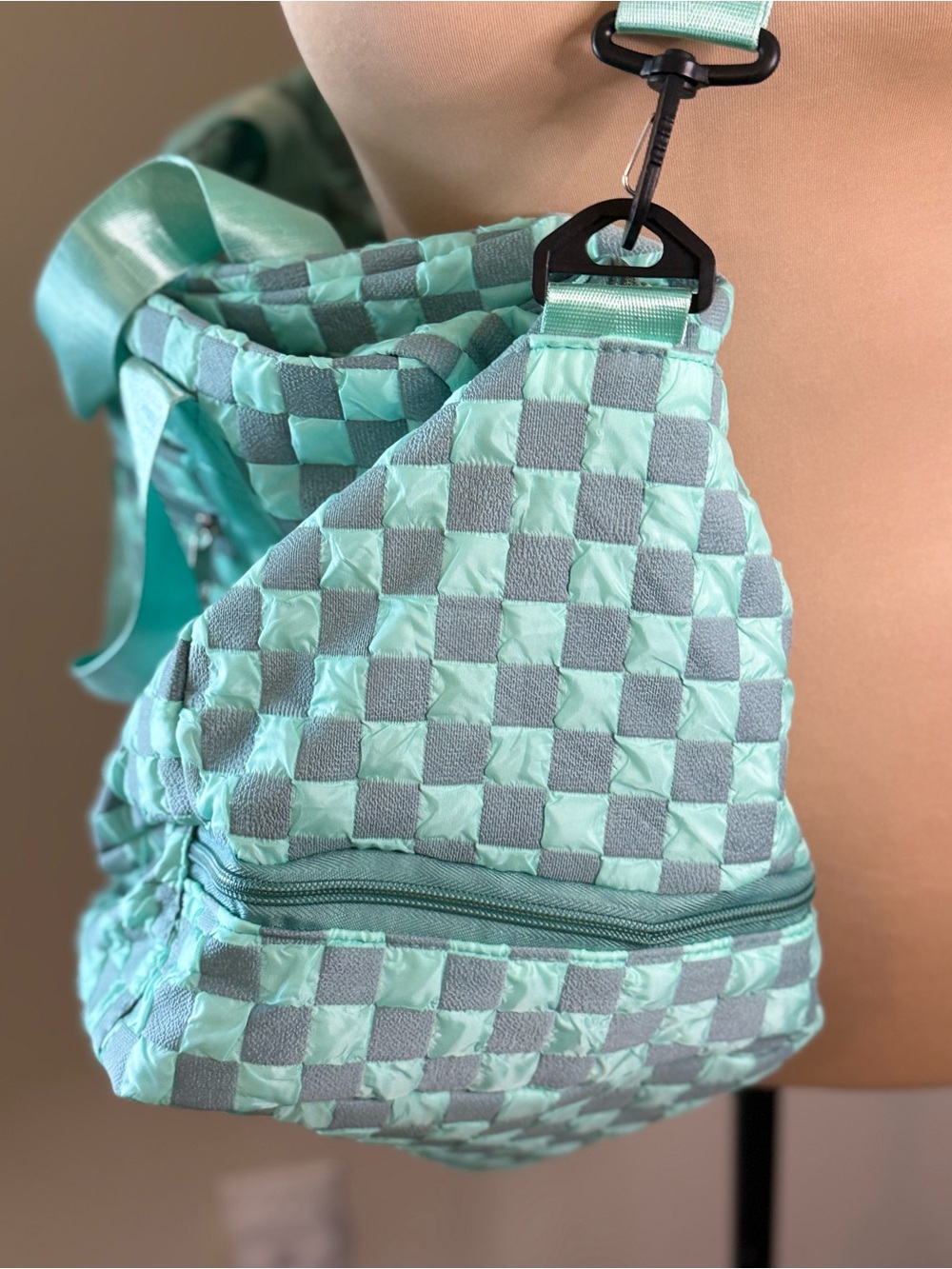 Checkered duffle bag teal gray travel gym school multi pockets - Picture 3 of 15
